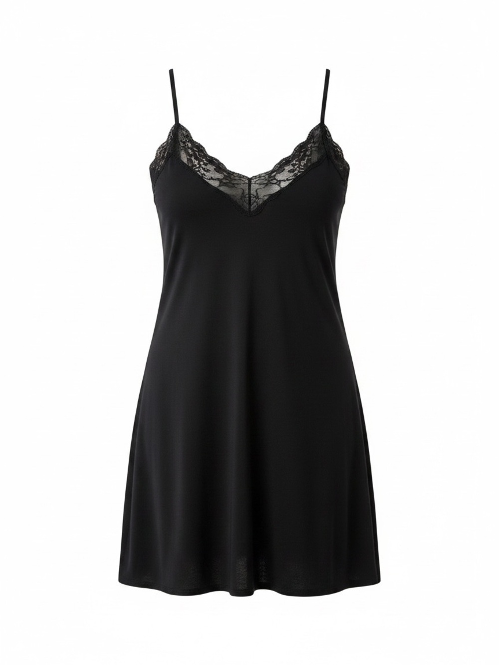NWT Ekouaer Black Lace Trim Chemise Nightgown Size L Slip Sleepwear
